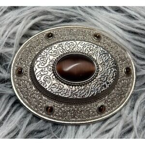 Vintage Western Cowboy Belt Buckle Ornate Oval‎ Cat Eye Stone Metal Brown Silver